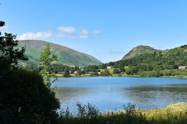 Lake with hills in the background